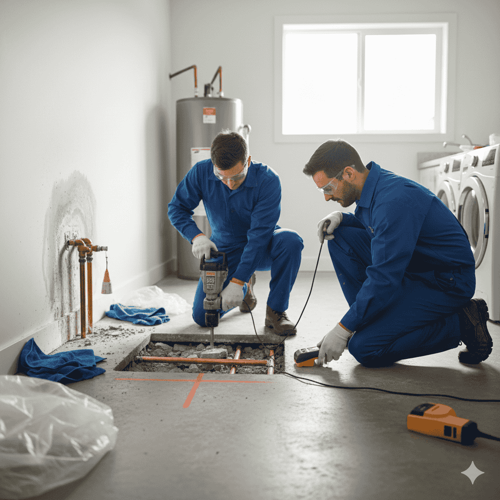 Non-invasive detection equipment locating under-foundation sewer pipe damage causing warning signs at Carlsbad home